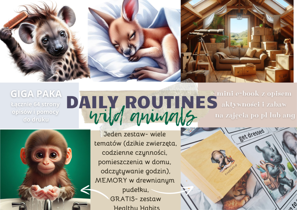 Animal Daily Routine DAILY ROUTINES/ WILD ANIMALS- MEMORY + MEGA PAKA materiałów – FirstEduKit